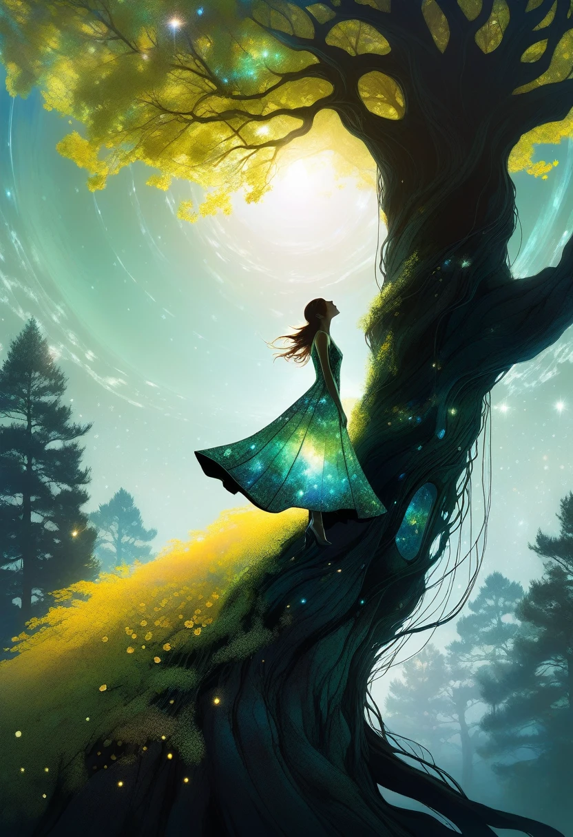 (Elf),(nature), Green Leaves, Adventure, Aether, Kraken,  Nebula, Verdant, Canvas Voyage, Lovely, Grateful [:vintage cars:15], (Double exposure:1.3) photo of elf made of mosaic of iridescent crystal glass with sub scattering mirror surface imposing onto transparent tree hollow trunk in living brocade underbust dress made out of flowers, bokeh sky by Peter Gric, Conrad Roset, Brandon Kidwell, Andreas Lie, Dan Mountford, Dan Witz, Agnes Cecile, Jeremy Mann, fine art, super dramatic moonshine, silhouette photo illustration, amazing depth, intricate detailed fine cracked surface, stunning atmosphere, mesmerizing whimsical vibrant scenery, complex masterwork by head of prompt engineering