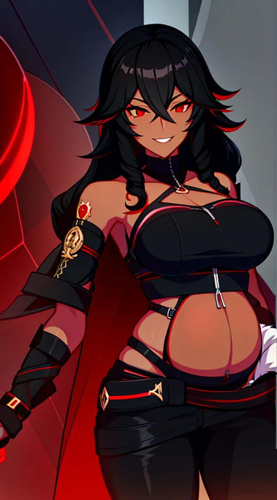Adult woman, Ebony, black skin, long curly black hair, red eyes, Bondage on the eye, musculature, Black hired tight top, Mercenary pants, arma, sword, smirk, Masterpiece, hiquality, pregnant