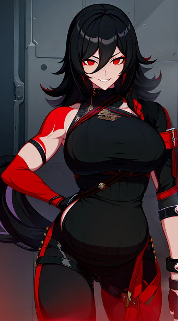 Adult woman, Ebony, black skin, long curly black hair, red eyes, Bondage on the eye, musculature, Black hired tight top, Mercenary pants, arma, sword, smirk, Masterpiece, hiquality, pregnant