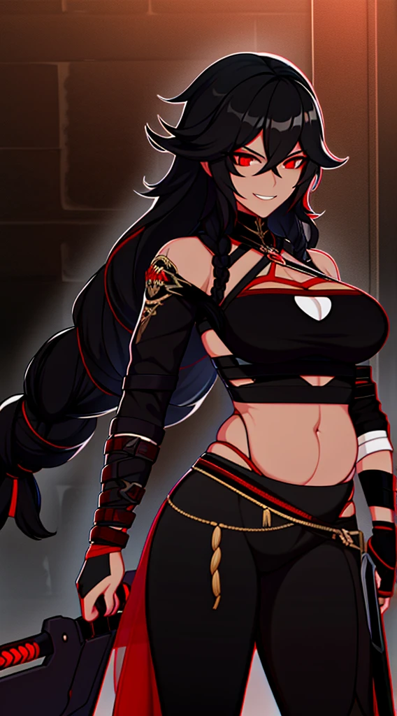 Adult woman, Ebony, black skin, long curly black hair, red eyes, Bondage on the eye, musculature, Black hired tight top, Mercenary pants, arma, sword, smirk, Masterpiece, hiquality, pregnant