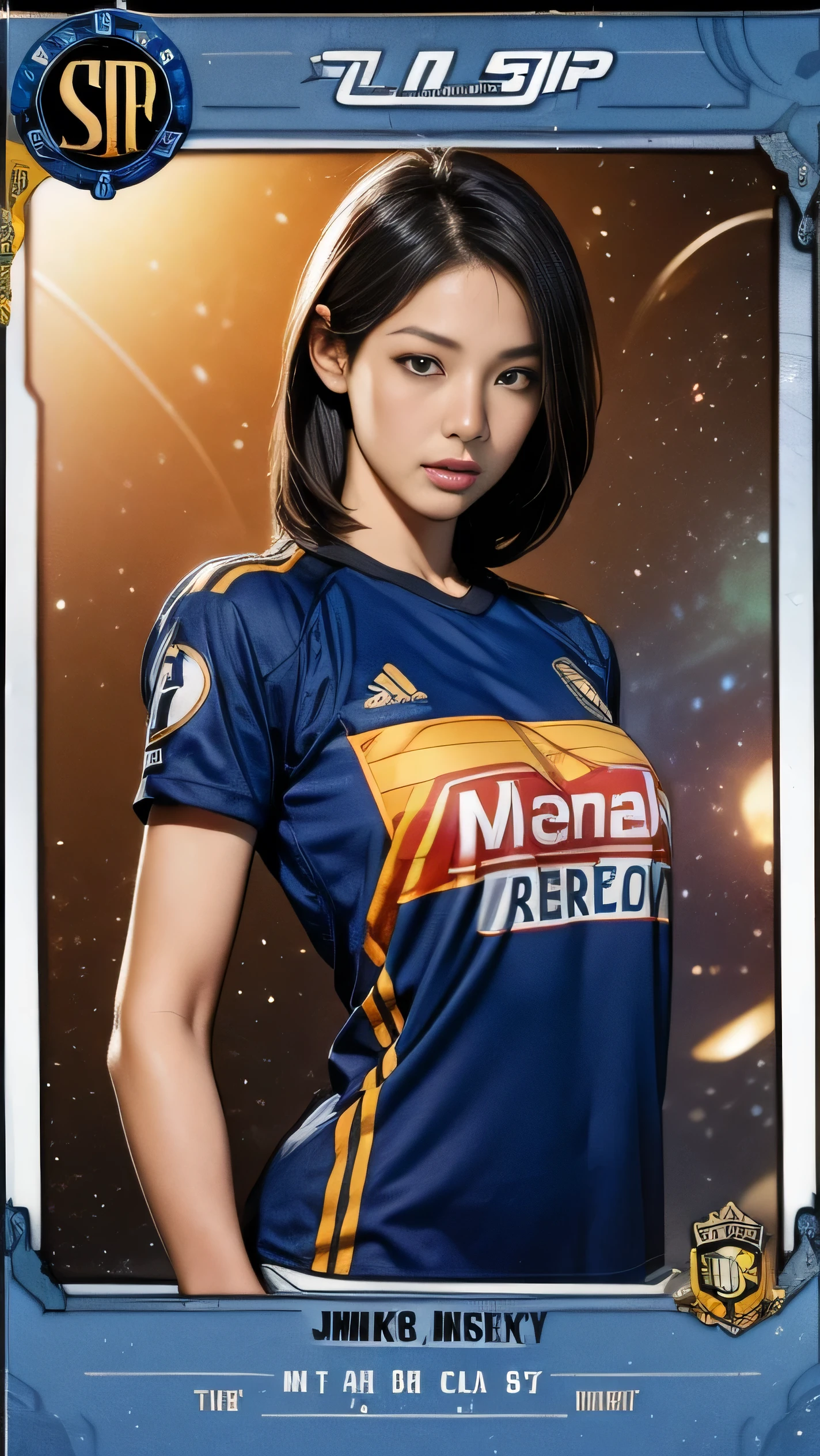 (masterpiece:1.2, best quality),(Very detailed),(best quality),(high resolution),(Realistic sticks),(RAW photos),8K,wallpaper,(Asian woman:1.5),(Football Player Trading Cards),(((Beautiful trading cards:1.2))),((Special Trading Cards:1.3)),((Design inspired by the upper deck:1.2)),(Real Madrid Jersey),(soccer cleats),(((front))),(((whole body:1.5))),(Serious),((Detailed hands)),(((Dynamic))),(((The background is the Milky Way)))