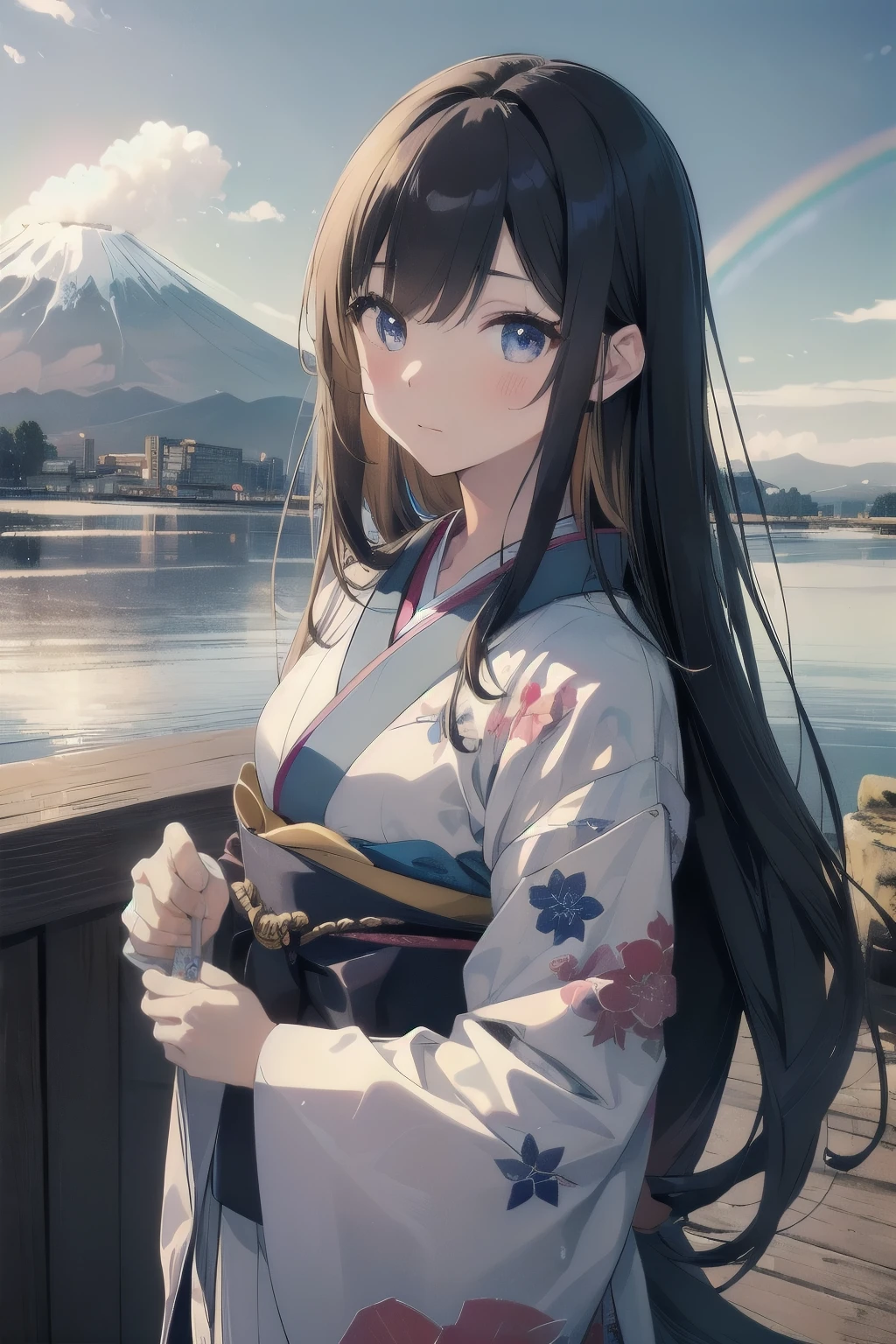 ((Masterpiece:1.4、top-quality:1.2))、Mt. Fuji and a in front,(niji6, a reference to the double rainbow),、solofocus,、a 16-year-old girl glow,、delicate features,、Exquisitely detailed anime-style, high-definition face and eyes,、(Blur the background:1.3,)、(transform sequence,)、(Long, straight hair), flowing in the wind,、Mt. Fuji in the background, majestically towering,、the girl is wearing a traditional Japanese kimono, beautifully designed