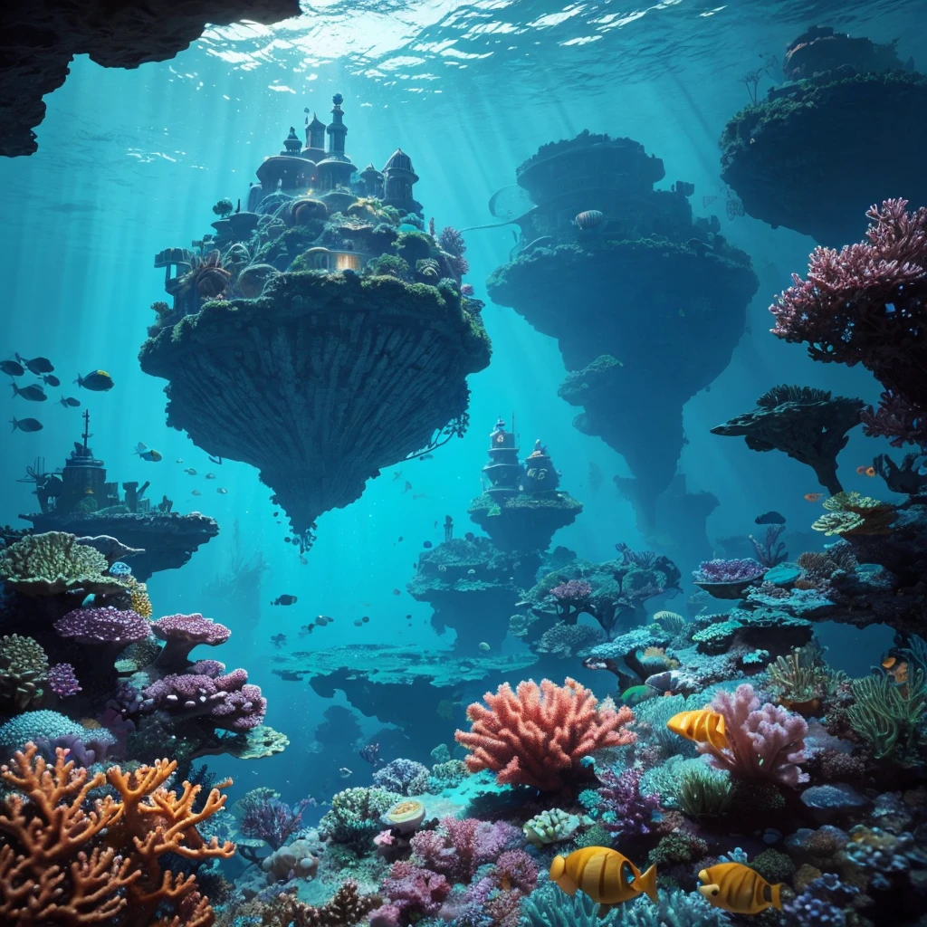 Create an underwater world named Aquadia, a planet almost entirely covered by vast oceans. Submerged cities, constructed from bioluminescent materials, glow softly in the depths. The inhabitants, both human and fantastical marine creatures, live in harmony with the sea. Enormous, mysterious sea creatures roam the ocean, and adventurers seek new discoveries in the uncharted deep. The environment is a mesmerizing blend of vibrant coral reefs, sunken ruins, and technologically advanced underwater habitats. The surface is occasionally visible, with floating platforms and vessels connecting the underwater world to the skies above.