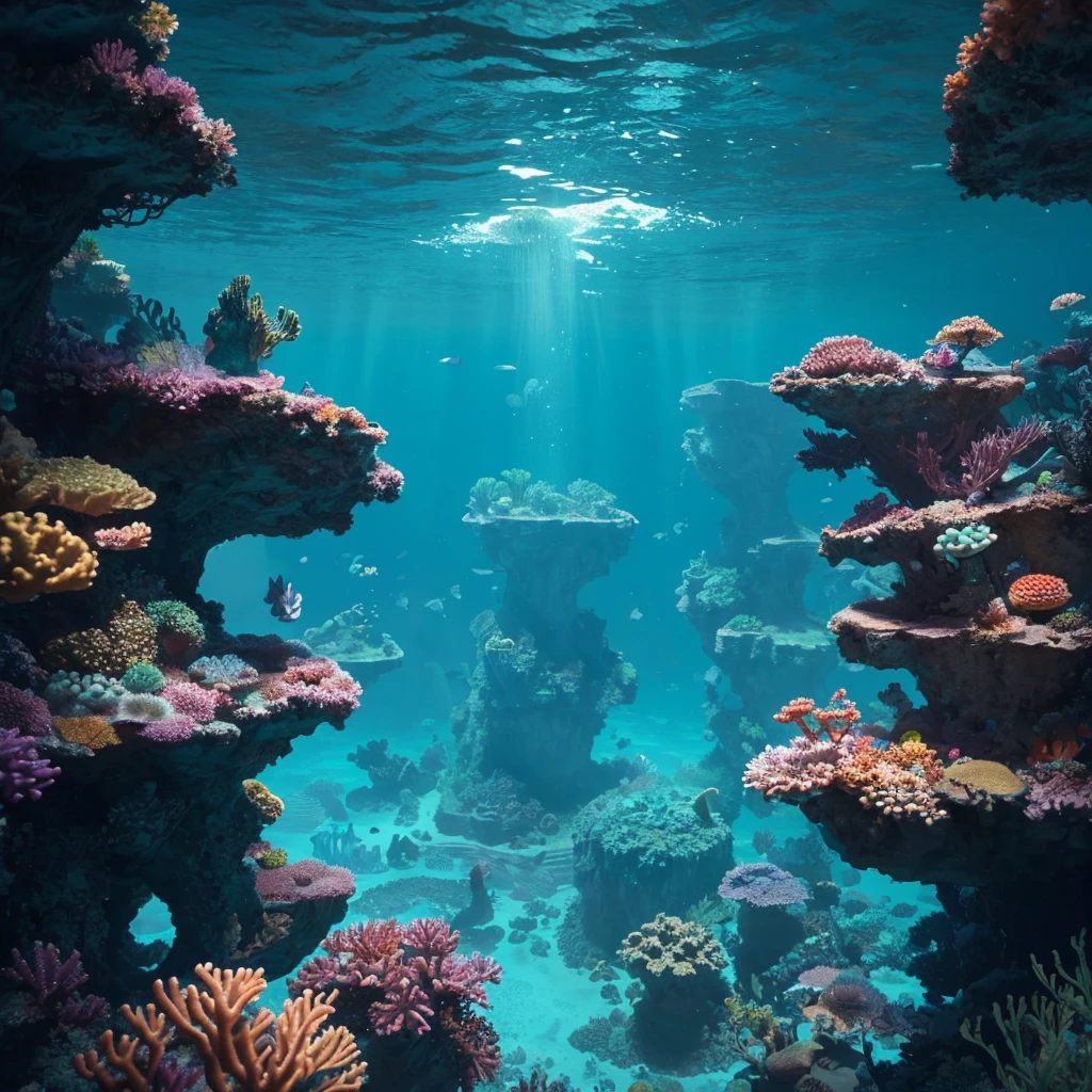 Create an underwater world named Aquadia, a planet almost entirely covered by vast oceans. Submerged cities, constructed from bioluminescent materials, glow softly in the depths. The inhabitants, both human and fantastical marine creatures, live in harmony with the sea. Enormous, mysterious sea creatures roam the ocean, and adventurers seek new discoveries in the uncharted deep. The environment is a mesmerizing blend of vibrant coral reefs, sunken ruins, and technologically advanced underwater habitats. The surface is occasionally visible, with floating platforms and vessels connecting the underwater world to the skies above.