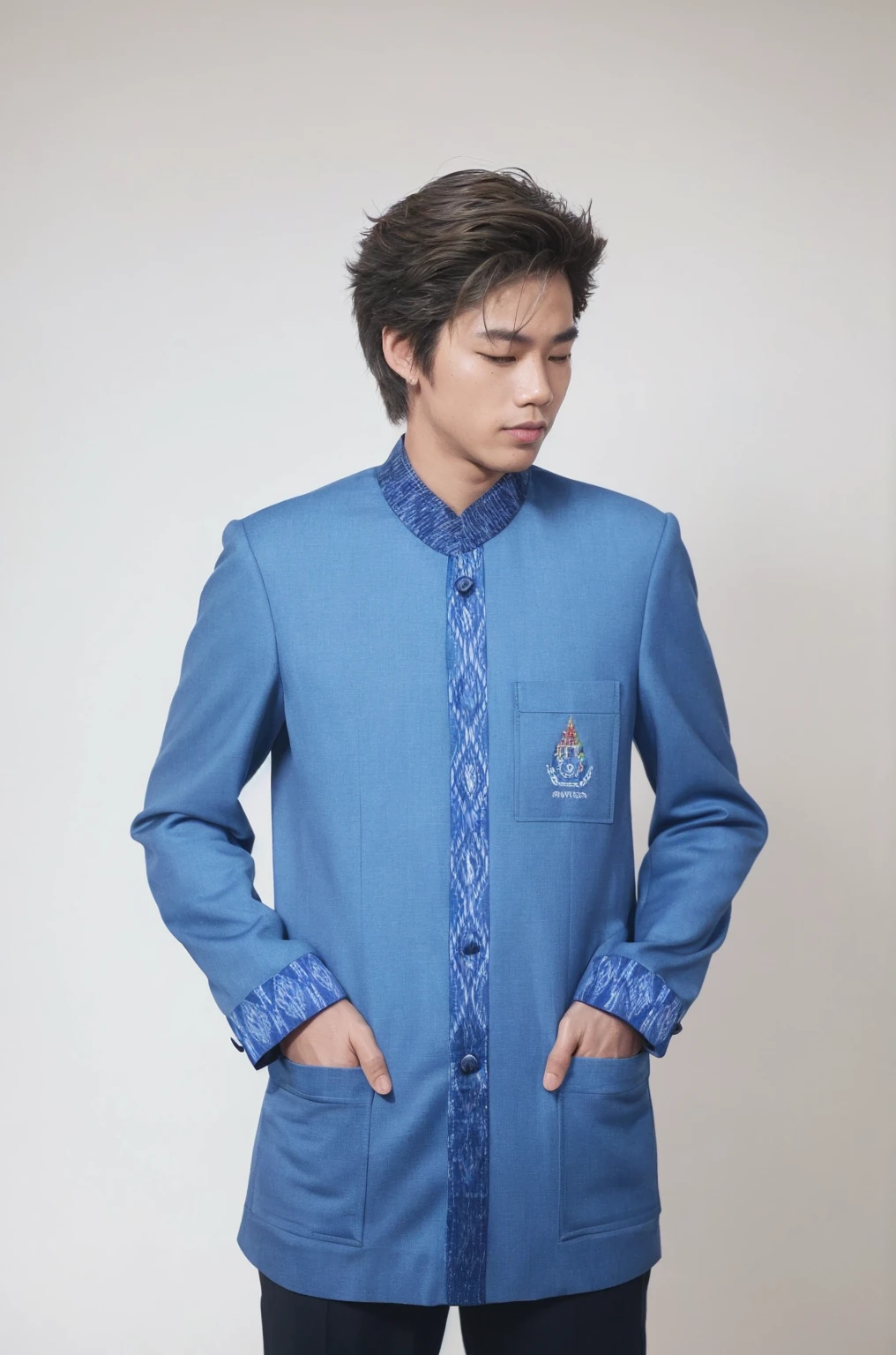 A man modeling wearing Thai suite with morndern thai design, walking in the olympic opening ceremony, be pround, grandioso