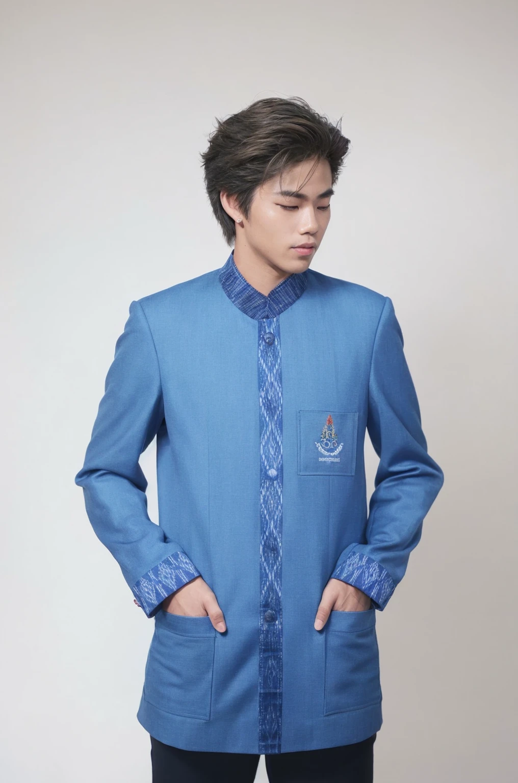 A man modeling wearing Thai suite with morndern thai design, walking in the olympic opening ceremony, be pround, grandioso