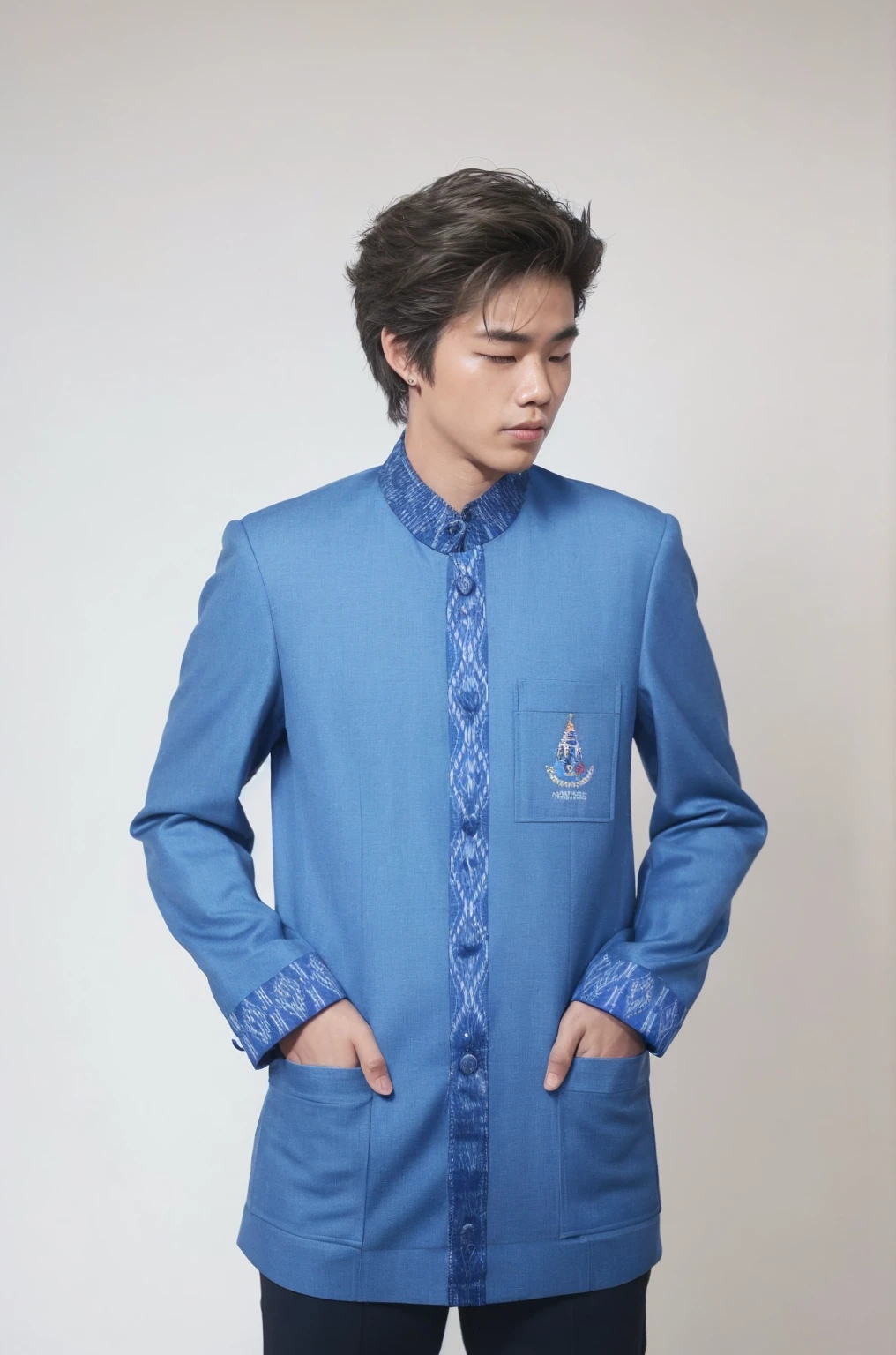 A man modeling wearing Thai suite with morndern thai design, walking in the olympic opening ceremony, be pround, grandioso