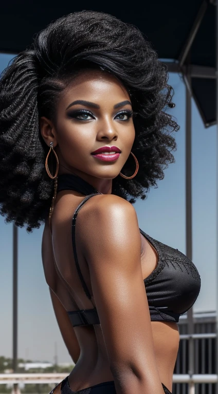 Create stunningly gorgeous and beautiful African goddess images, Long and beautiful eyelashes, ブラックeyeliner, Professional studio makeup, lipstick, Natural African Hair, Stunningly beautiful face of a goddess, God-like body, Natural Big, Sexy and seductive waist, masterpiece:1.3), Very detailed, Ultra-high resolution, (Realistic, photo Realistic:1.37), High-resolution RAW color photos, Professional photos, ((Hyperrealism)), (Written boundary depth), Full Sharp:1.2,  Hot Model, 18-year-old), With a perfect body, Very beautiful face and eyes, ((Heavy makeup, [[ピンクのlipstick]], eyeliner)), (Perfect Proportions), (Anatomically correct), ((Viewer Display)), ((Super high quality natural hair)), (((black、white (((Side comb hair))), Woman in a cheerleader outfit, ((Raise the checkered flag, blackとwhiteのチェック柄:1.4)), photo shoot, Race Car, (Lace style:1.1), ((Raising the Flag, Only one number, Go-go dancer, Flare, 3 4 5 3 1 , pinned down, pinned down:1.4)), (Big ample breasts:1.1)), (Tight waist:1.2), Moderate ASS, ((肌をwhiteくする, Slim face)), Beautiful cheekbones, Slim Belly: 1.2, (Very slim, Muscular body:1.1), ((Very detailed顔)), Attention to detail, double eyelid, (erotic:1.3), A satisfied smile, Gorgeous appearance, Stunning Appearance, ((Cowboy Shot)), (Dynamic pose:), Race track in the background