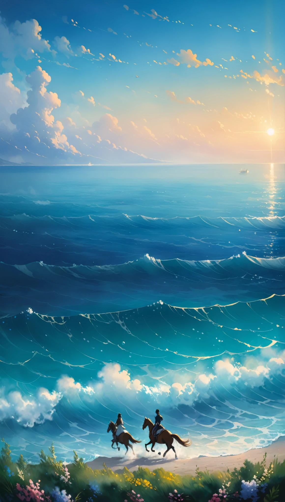 (in style of lvan Aivazovsky:1.4),azul sky,azul sea,azul cloud,wo children running with a horse in a beach, anime style, detailed faces, beautiful scenery, lush green meadow, detailed horse, dynamic motion, soft lighting, vibrant colors, beautiful detailed eyes, extremely detailed eyes and face, best quality, 4k, 8k, highres, masterpiece:1.2, HDR, UHD, studio lighting, ultra-fine painting, sharp focus,