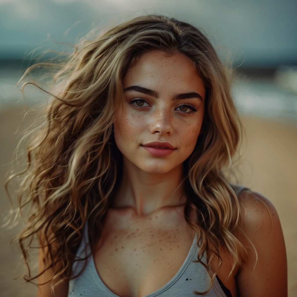 beautiful girl, 28 years old, face detail, light brown eyes, mi long little curly black hair, full body, drinking a cocktail on the beach in a light dress