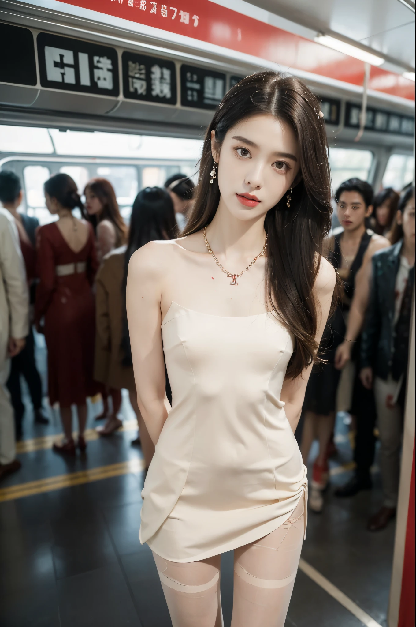 (((best quality))),(((ultra detailed))),(((masterpiece))),illustration,(a stunning girl,solo),(shoulder length straight hair:1.2),((earrings,necklace)),((slim,thin)),((small breasts,flat chest)),(slender legs:1.2),(nude pantyhose:1.3),(loafers:1.2),(standing:1.3), ((awkwardly,painful,embarrassed)),(In modern high-speed railway carriages:1.3),(white dress splattered with red paint stains:1.3),(surrounded by crowded crowds:1.3),((from front,full body)),(arms behind back:1.3)