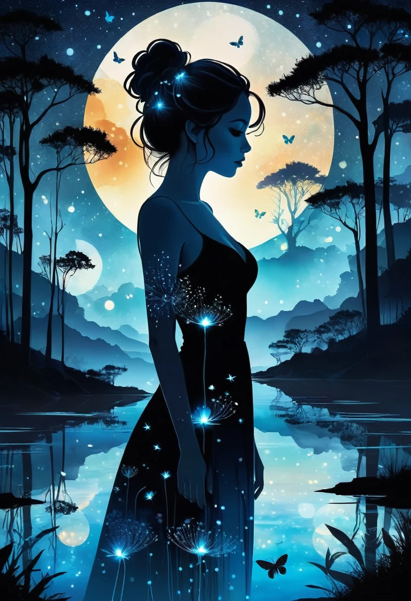 (Alcohol ink illustration), double exposure effect:1.6, abstract silhouette (woman), (Art by Yoan Lossel, Cyril Rolando, Nan Goldin, Lee Bontecou, Leusch), organic shapes, ethereality, high contrast, fireflies, backlighting, charcoal and different shades of blue, intricately detailed background landscape, sticker, 2d cute, fantasy, dreamy,
vector illustration, 2d flat, centered, Tim Burton, professional, smooth, modern, minimalistic, graphic, line art, vector graphics
