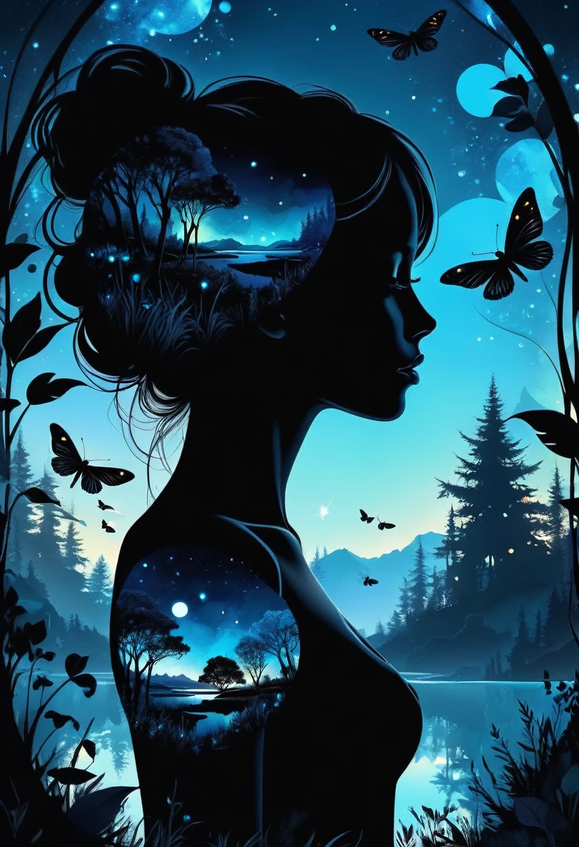 (Alcohol ink illustration), double exposure effect:1.6, abstract silhouette (woman), (Art by Yoan Lossel, Cyril Rolando, Nan Goldin, Lee Bontecou, Leusch), organic shapes, ethereality, high contrast, fireflies, backlighting, charcoal and different shades of blue, intricately detailed background landscape, sticker, 2d cute, fantasy, dreamy,
vector illustration, 2d flat, centered, Tim Burton, professional, smooth, modern, minimalistic, graphic, line art, vector graphics