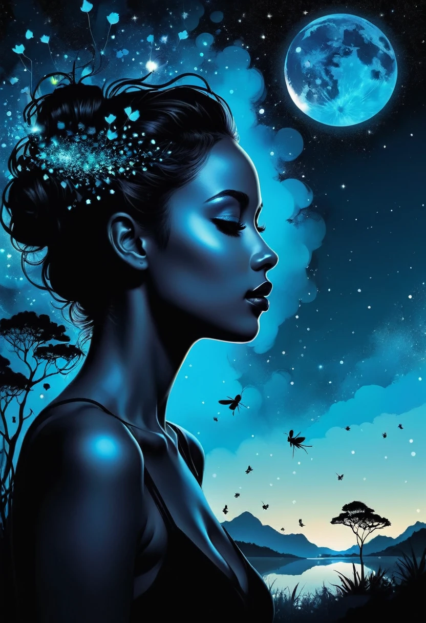 (Alcohol ink illustration), double exposure effect:1.6, abstract silhouette (woman), (Art by Yoan Lossel, Cyril Rolando, Nan Goldin, Lee Bontecou, Leusch), organic shapes, ethereality, high contrast, fireflies, backlighting, charcoal and different shades of blue, intricately detailed background landscape, sticker, 2d cute, fantasy, dreamy,
vector illustration, 2d flat, centered, Tim Burton, professional, smooth, modern, minimalistic, graphic, line art, vector graphics