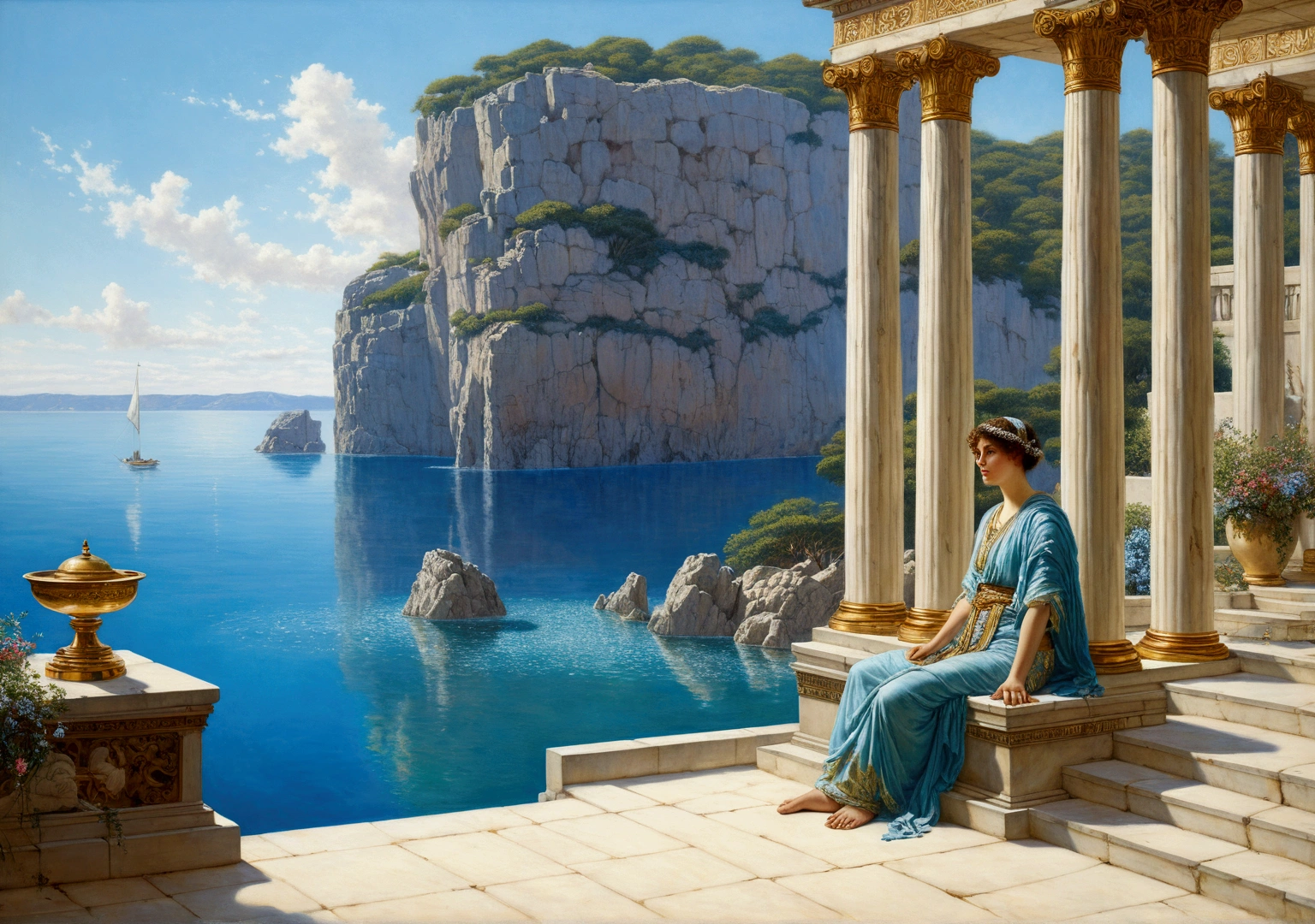 summoned, Scenery of the Earth's Interior, summoned, Male Crystalline Blue Profondo,glycine,cascade, Crystal clear water, Bright azure sky, ,(Highly detailed CG unit 8k wallpaper), The most beautiful works of art in the world, Professional majestic oil painting, Complex, Attention to detail, Sharp focus, dramatic, The art of photorealism painting, Alma Tadema