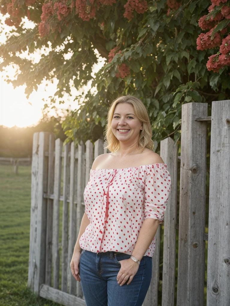 her name is Amélie, high quality, ((mature)), ((white pale skin)), 1girl, ((40-year-old chubby Swiss woman)), ((40 years old)), ((chubby)), ((CRANKY short BLONDE)), pose: sensual, wearing stylish (((wearing pair of red off shoulder polka red blouse and jeans))), ((BACKGROUND: leaning on a fence through a sunset at barn in the south of France)), smiling