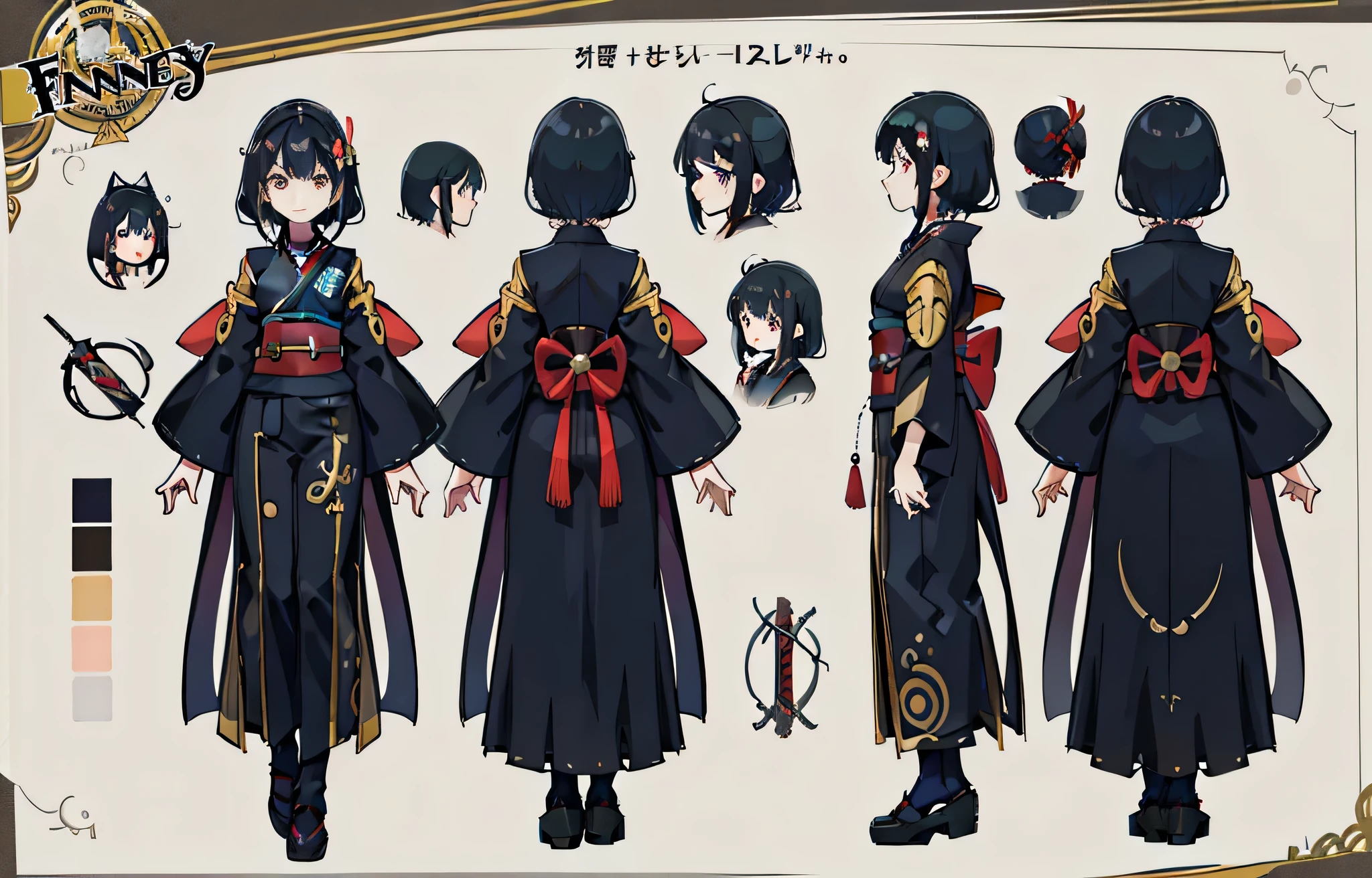 1 person, Reference Sheet, (Fantasy Character Design, front, return, ~ side) girl, Princess, Long black hair, kimono, Require