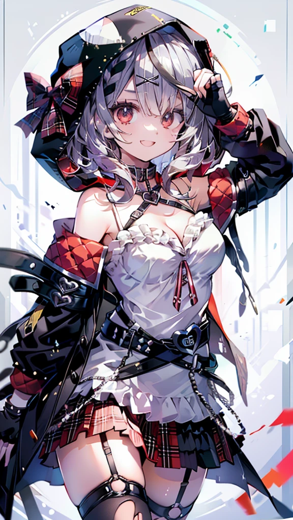(Ultra-high resolution,masterpiece, Attention to detail, Highest quality), 8k,(1girl, 独奏, red eyes, sakamata chloe, garter straps, fingerless gloves, torn thighhighs, grey hair, multicolored hair, plaid skirt, cleavage, x hair ornament, red skirt, black collar, white camisole, breasts, braid, black belt, medium hair, black jacket, hood up, plaid bow),(Blessed,Captivating body、Ultra-detailed skin、Super beautiful eyes、Detailed Background),One girl、 (cheerful ,enjoy :1.5),