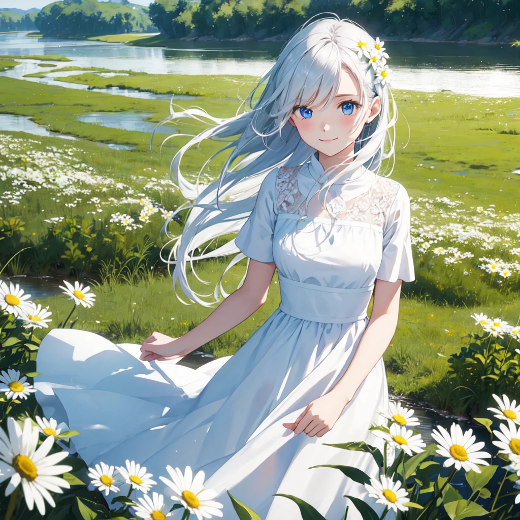 One girl,Grassland and river,White flower,View your viewers,blue eyes,Daisy,Long Hair,Pure white dress,A gentle breeze blows、smile、