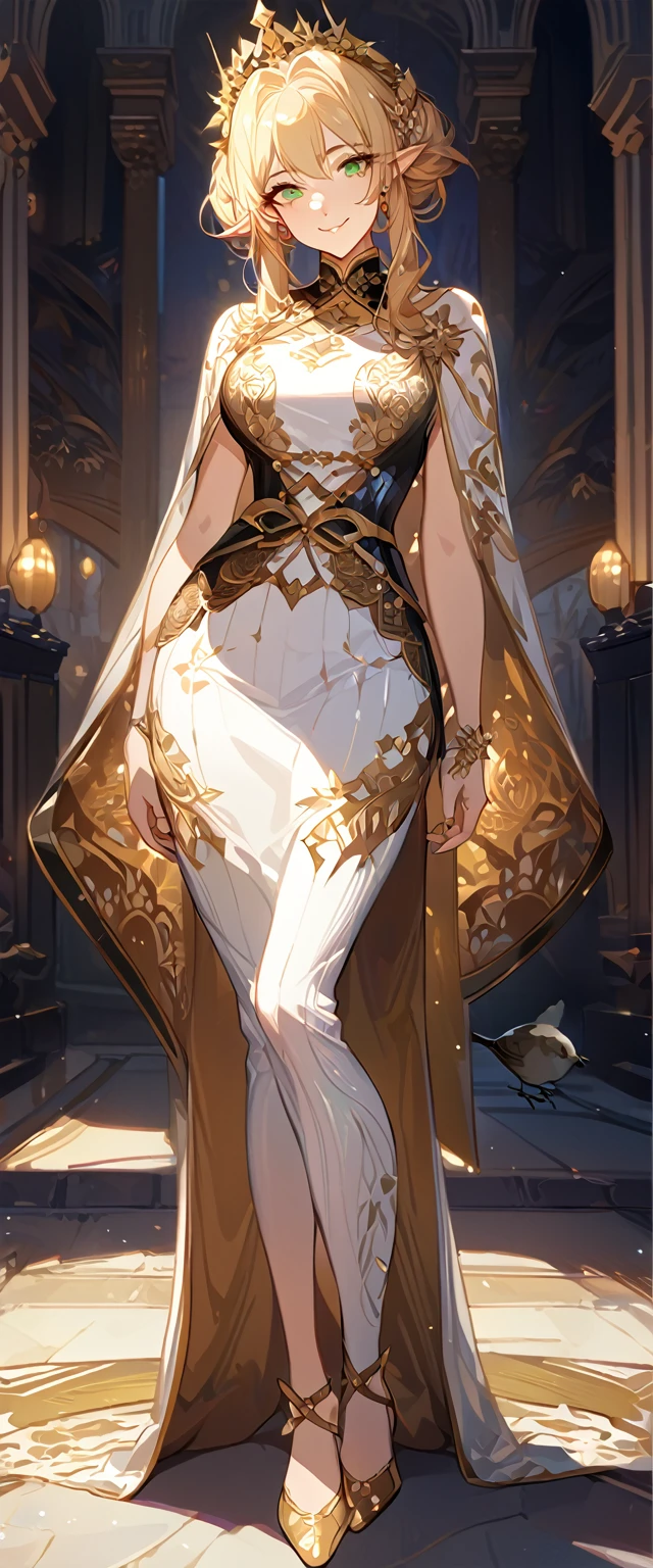 masterpiece, best quality, 8k ,4k , 1girl, elf queen, blond reddish hair, green eyes, big chest, gold wreath crown, hair ornament, finely detailed eyes and detailed face, looking at viewer, white sleeveless, Lace dress, patterned clothes, gold embroidery clothes, meticulous clothes, mature clothes, transparent cape with lace, majestic looks, smiling gently, small bird, full body, inspired by Asukaziye artist : ask, art style : ask