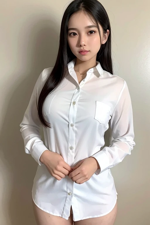 malay girl, 18 years old, wearing skin tight white button shirt, fair skin, modest looking