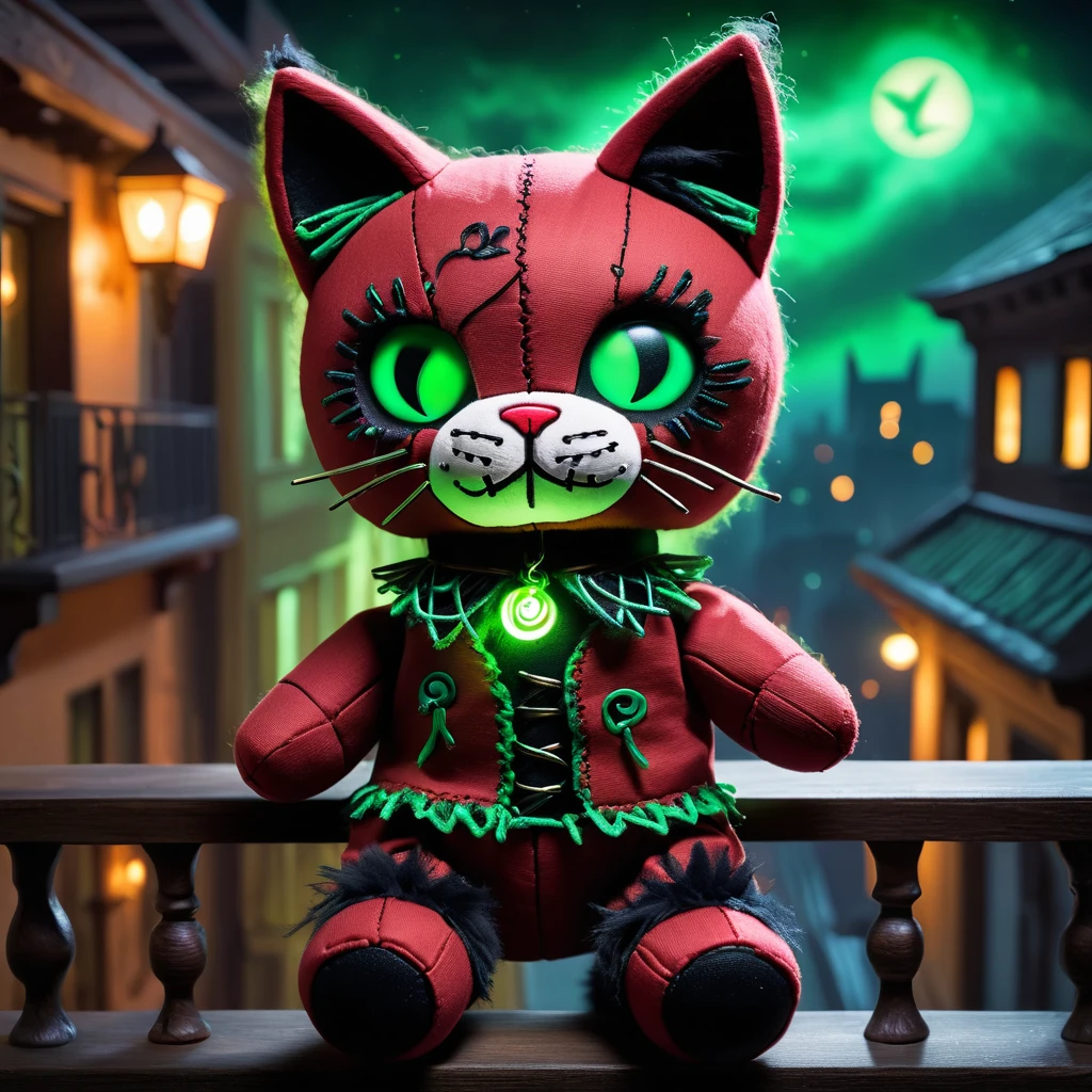 (knitted toy voodoo doll:1.7), (Voodoo Cat on Balcony:1.3), (Clothing: dark fur with glowing green accents:1.0), (Accessories: enchanted cursed collar, glowing ethereal amulet, mystical haunted balcony:1.2), (background: eerie balcony with floating, glowing mist and distant city lights:1.2), best quality, masterpiece, detailed soft oil painting, detailed background, dramatic cinematic lighting, soft edge lighting, professional, dramatic lighting, hard edge lighting, ultra quality, 4k, masterpiece, best quality, 8k, ultra high definition, high resolution, extremely detailed