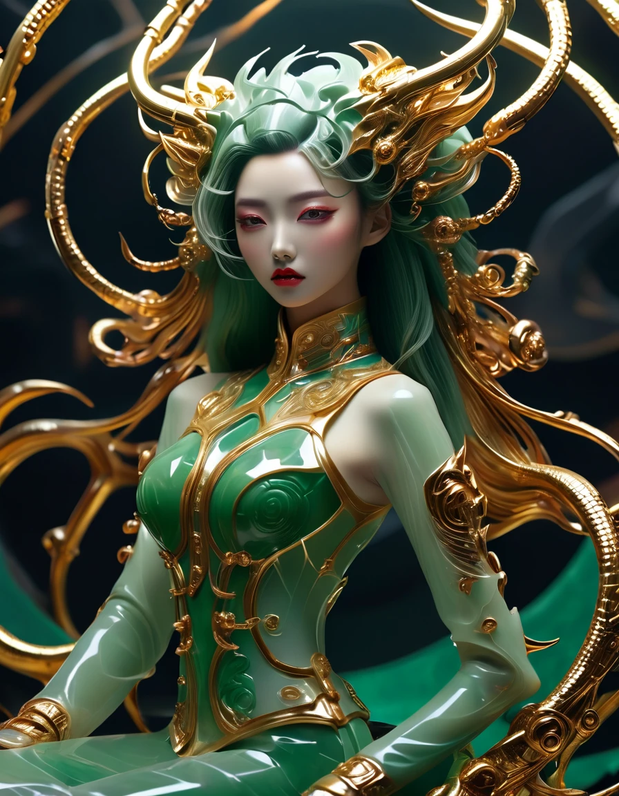 A fashion runway , Exquisite facelook,vogue photography , Inspired by Chinese Xianxia and cyberpunk。(Best quality,4K,8K,A high resolution,Masterpiece:1.2), (Realistic,Photorealistic,photo-realistic:1.37).Gold inlaid jade style,Shiny,Exquisite,Hell Girl,Riding the Ruby Monster