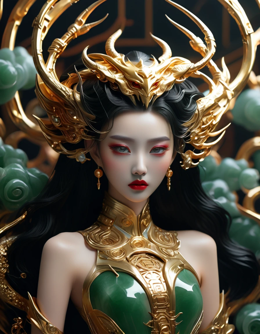 A fashion runway , Exquisite facelook,vogue photography , Inspired by Chinese Xianxia and cyberpunk。(Best quality,4K,8K,A high resolution,Masterpiece:1.2), (Realistic,Photorealistic,photo-realistic:1.37).Gold inlaid jade style,Shiny,Exquisite,Hell Girl,Riding the Ruby Monster