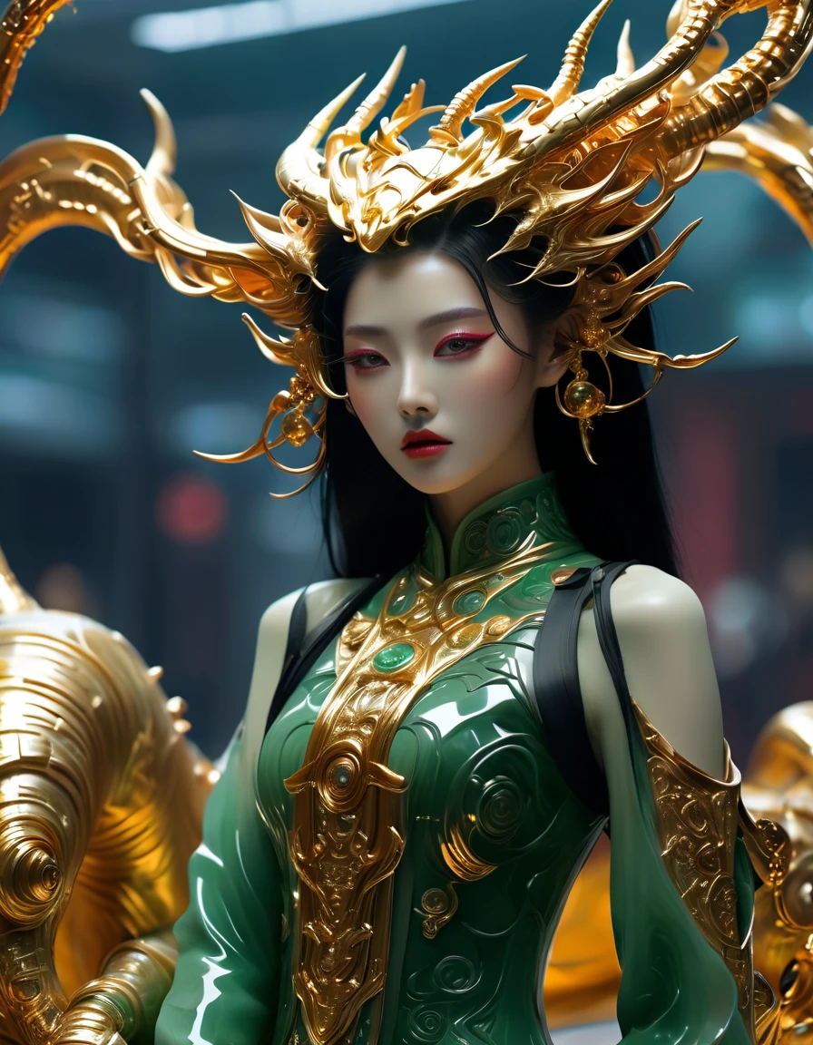 A fashion runway   , Exquisite facelook，vogue photography , Inspired by Chinese Xianxia and cyberpunk。(Best quality,4K,8K,A high resolution,Masterpiece:1.2), (Realistic,Photorealistic,photo-realistic:1.37).Gold inlaid jade style，Shiny，Exquisite，Hell Girl，Riding the Ruby Monster
