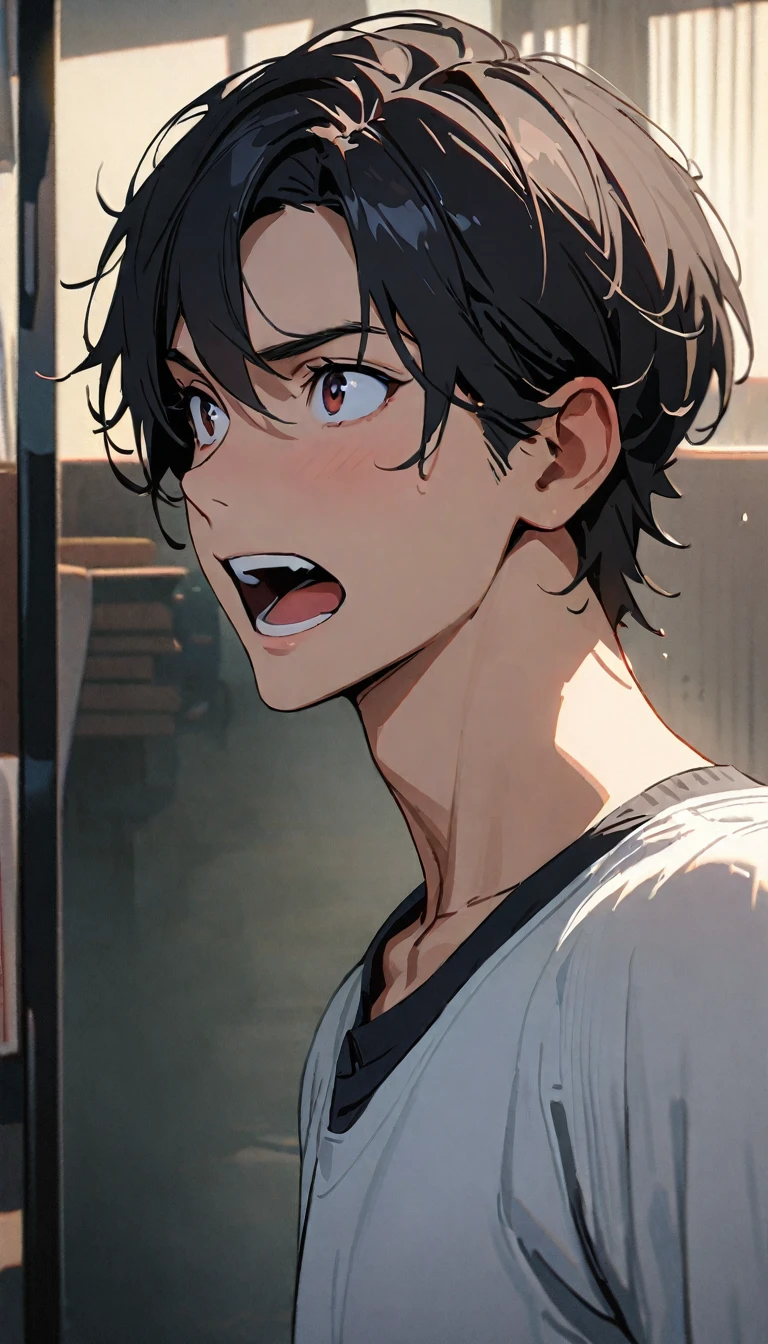 35 years old ,masterpiece , modern, Verism, masterpiece, super detail, best quality, 4K , A handsome man, black hair, short hair,  He has his mouth wide open, showing a very surprised expression.
