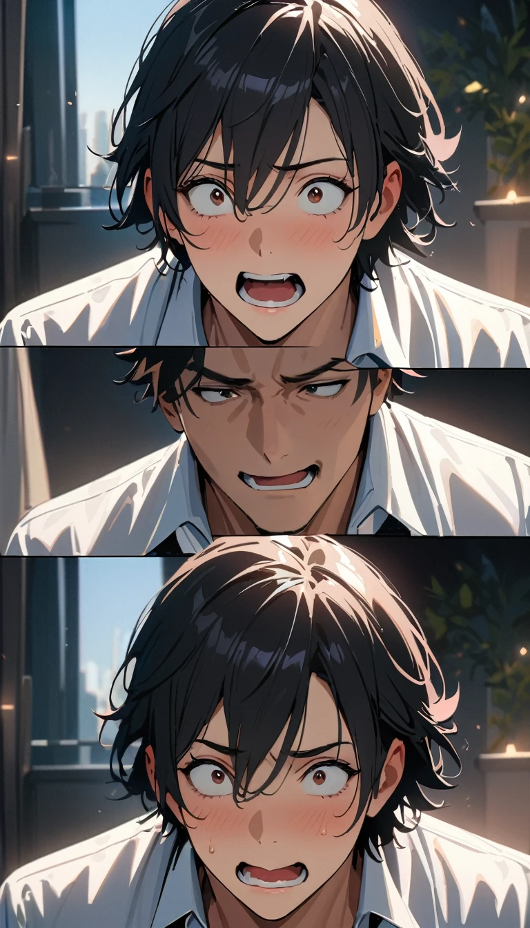 35 years old ,masterpiece , modern, Verism, masterpiece, super detail, best quality, 4K , A handsome man, black hair, short hair, He has his mouth wide open, showing a very surprised expression.