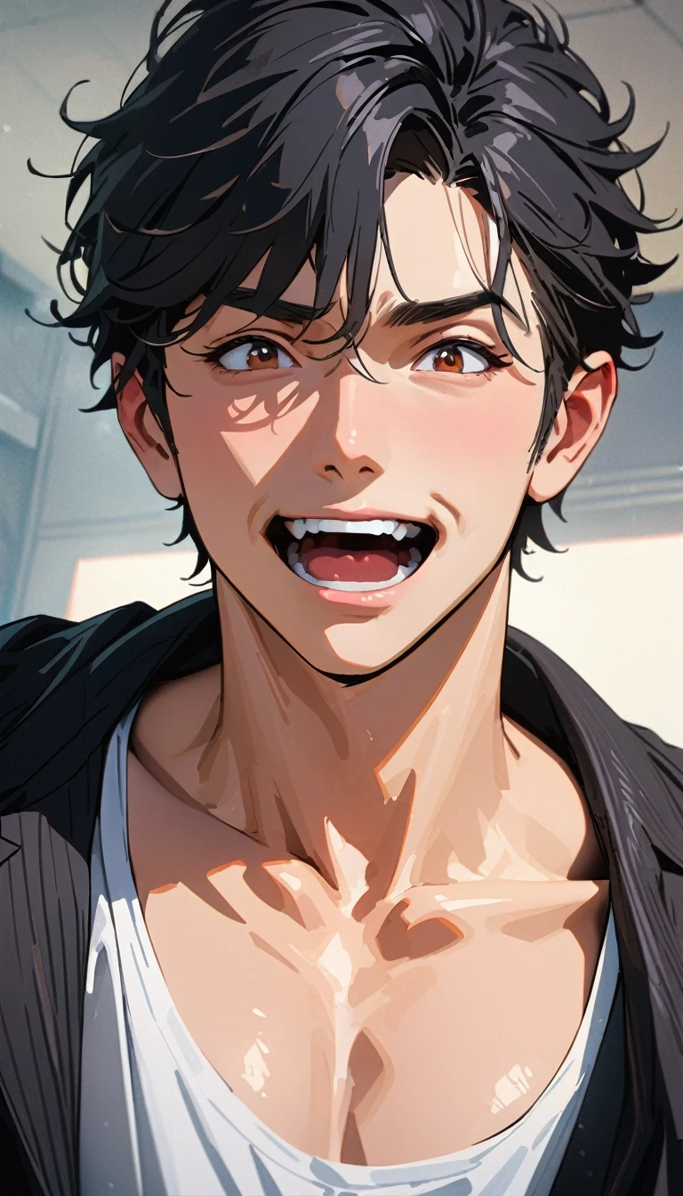 35 years old ,masterpiece , modern, Verism, masterpiece, super detail, best quality, 4K , A handsome man, black hair, short hair, He has his mouth wide open, showing a very surprised expression.
