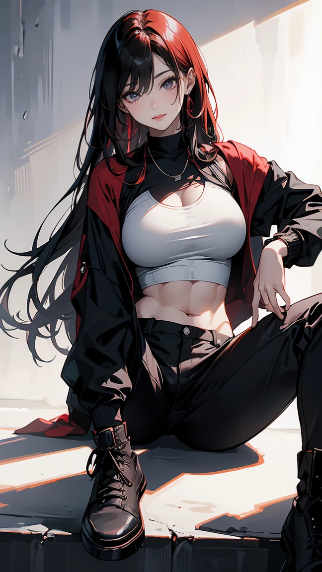 Highest quality、masterpiece、8k、Realistic、超High resolution、Very delicate and beautiful、High resolution、Fantasy World、(Muscle Girl)、Thick muscular body、Six Pack、Perfect female body、Beautiful woman、Mature Woman、Red hair、Unkempt long hair、Attractive body、Large Breasts、Big Breasts、Big Tits、Black military uniform、Tank top、I can see your belly、Black trousers、boots、Sit on the rubble with your legs apart、A mischievous smile、Upper body emphasis、(Simple background in a single color)