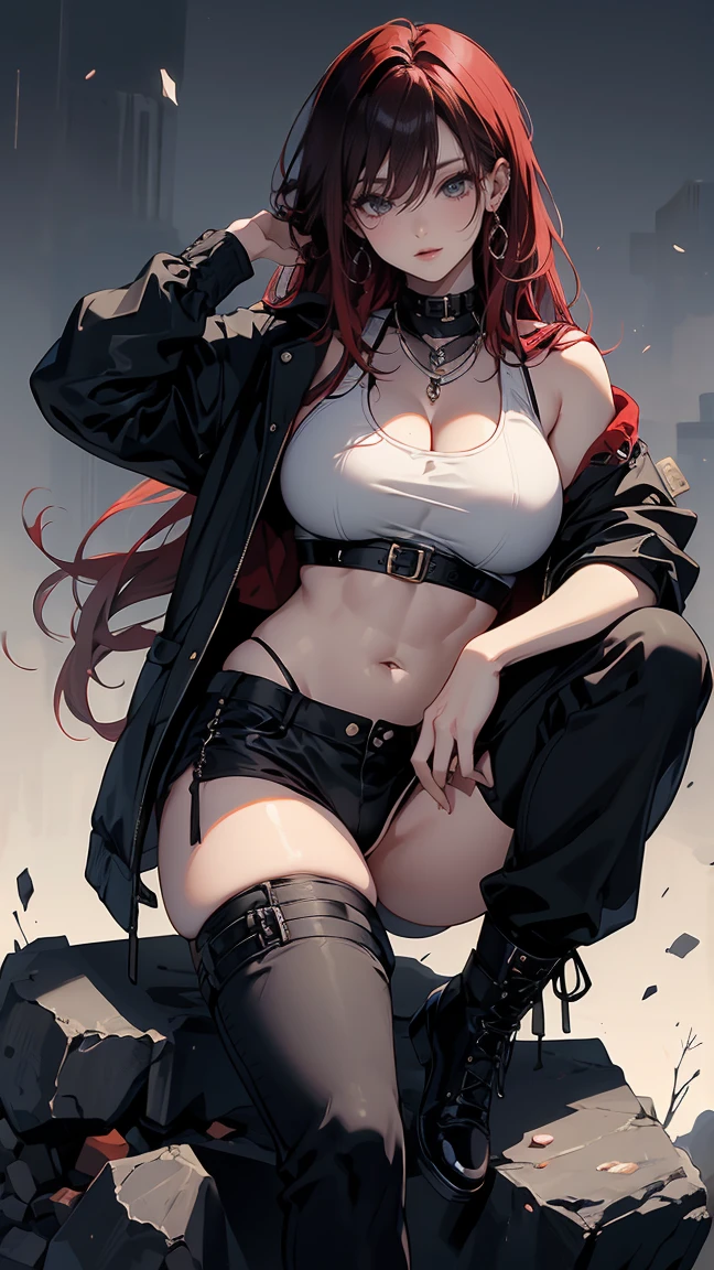Highest quality、masterpiece、8k、Realistic、超High resolution、Very delicate and beautiful、High resolution、Fantasy World、(Muscle Girl)、Thick muscular body、Six Pack、Perfect female body、Beautiful woman、Mature Woman、Red hair、Unkempt long hair、Attractive body、Large Breasts、Big Breasts、Big Tits、Black military uniform、Tank top、I can see your belly、Black trousers、boots、Sit on the rubble with your legs apart、A mischievous smile、Upper body emphasis、(Simple background in a single color)