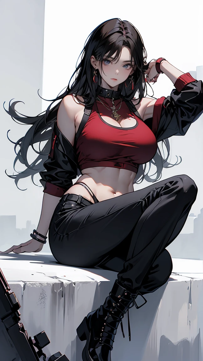 Highest quality、masterpiece、8k、Realistic、超High resolution、Very delicate and beautiful、High resolution、Fantasy World、(Muscle Girl)、Thick muscular body、Six Pack、Perfect female body、Beautiful woman、Mature Woman、Red hair、Unkempt long hair、Attractive body、Large Breasts、Big Breasts、Big Tits、Black military uniform、Tank top、I can see your belly、Black trousers、boots、Sit on the rubble with your legs apart、A mischievous smile、Upper body emphasis、(Simple background in a single color)