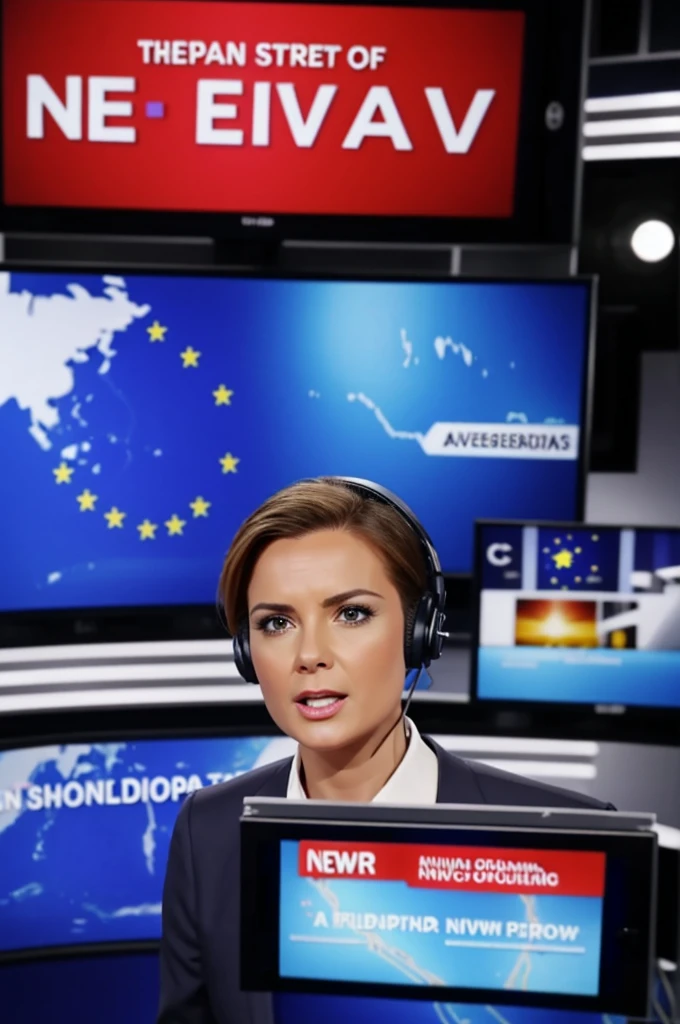 European news anchor is giving new on live recording in a news studio