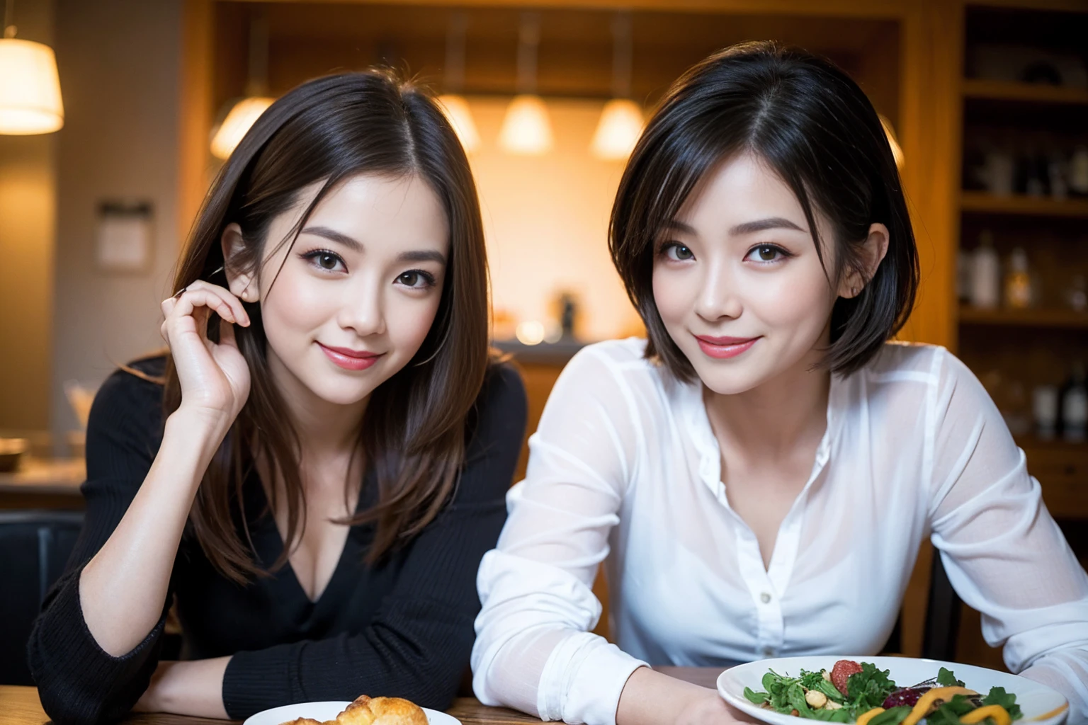 (Realistic:1.2),(masterpiece,Highest quality),8k,((men and women)),40 years old,37 years old、最高のsmile、Happy Couple, Full course dinner at the table、Wine Party、wine glass、White wine、sparkling wine、red wine、Upper Body、Tight waist,Perfect Anatomy, Brown Hair, short hair,Random Hairstyles,Amazing view of the sunset sky and clouds、Long sleeve shirt、dress,((Highly detailed face and eyes:1.2))(Cute Face:1.4),Beautiful actress face,Perfect golden ratio face,woman'suit、Nice,(smile:1.2)、