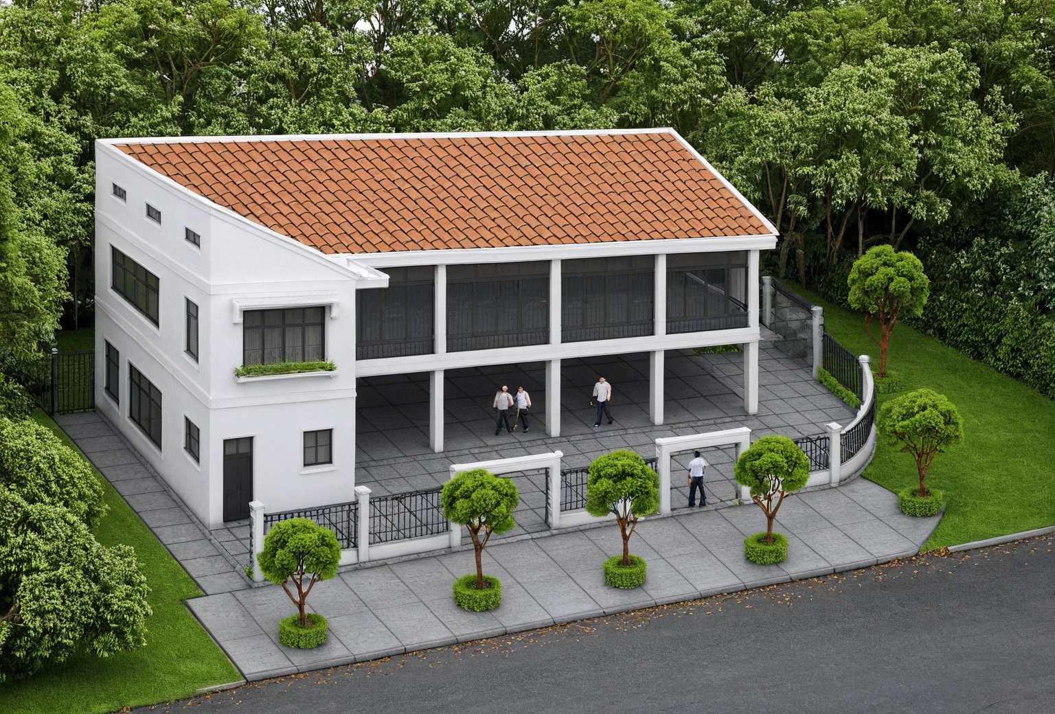Raw photo,Masterpiece, high quality, best quality, authentic, super detail,
exterior, outdoors, house style indochine on the street ,aiaigroup
road,pavement, grass, trees, sky, cloud, (day:1.1), VIEW FROM ABOVE DOWN, TILE ROOF, CATCH THE DETAILS