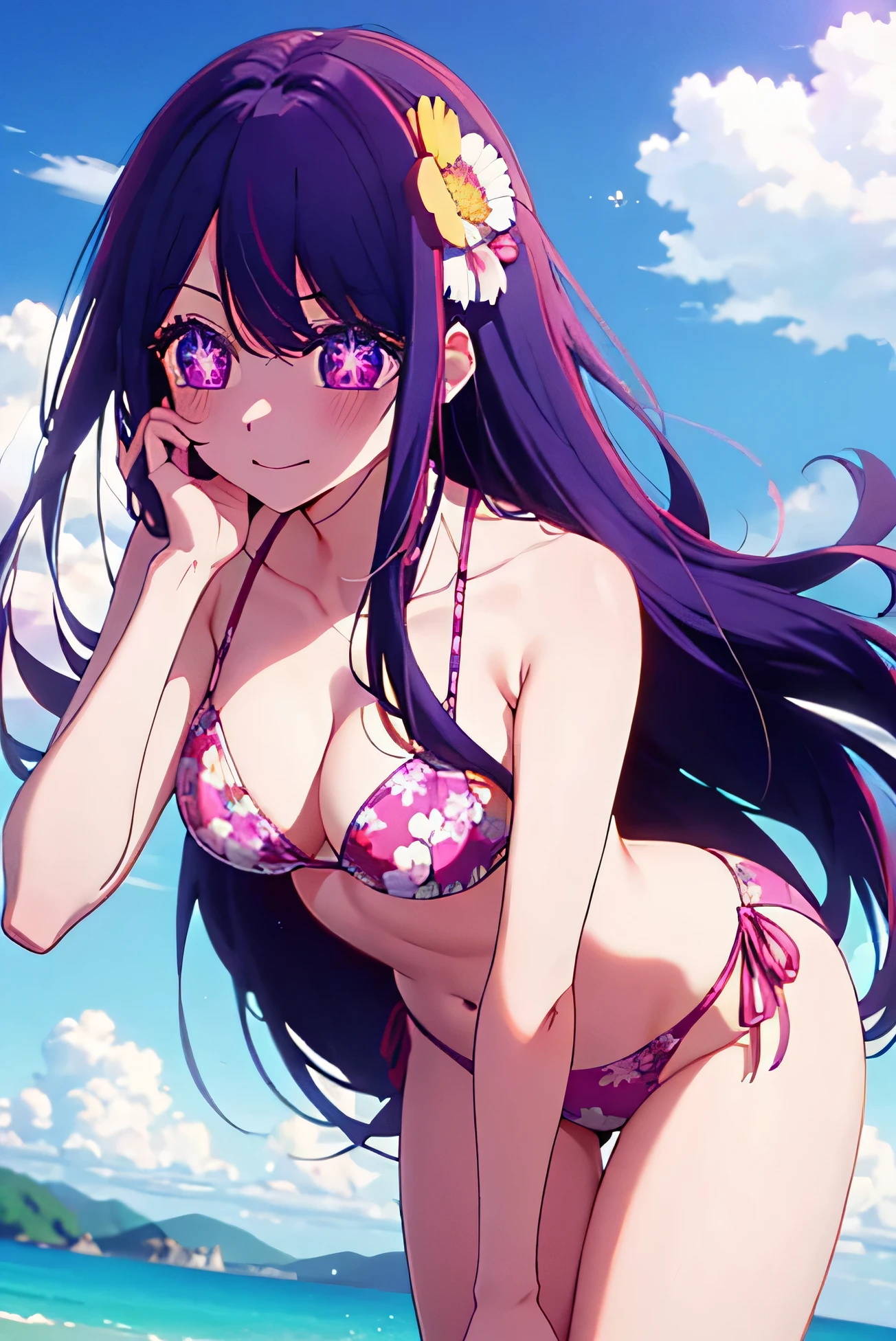 Ai Hoshino, long hair, bangs, (purple eyes:1.1), purple hair, (symbol-shaped pupils:1.5),1girl, solo,((Masterpiece, Highest quality)), Anime Coloring、16K、Ultra fine、(Focus on women), (whole body), Clear smile, Open your mouth, ((Purple bikini with floral print)), Are standing,((Beach)),Cross your arms , Dynamic Angle、blush、Leaning forward、