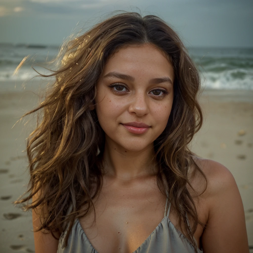 beautiful girl, 28 years old, face detail, light brown eyes, mi long little curly black hair, full body, drinking a cocktail on the beach in a light dress
