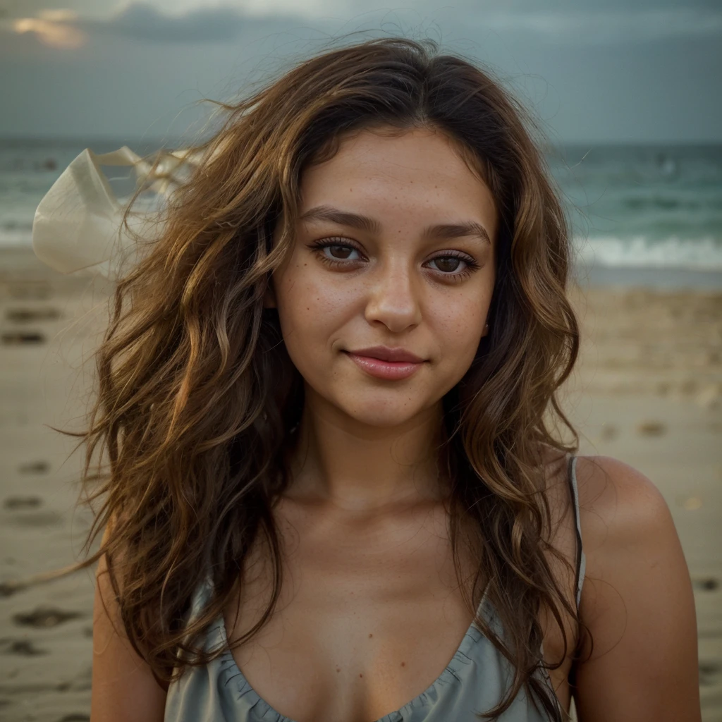 beautiful girl, 28 years old, face detail, light brown eyes, mi long little curly black hair, full body, drinking a cocktail on the beach in a light dress