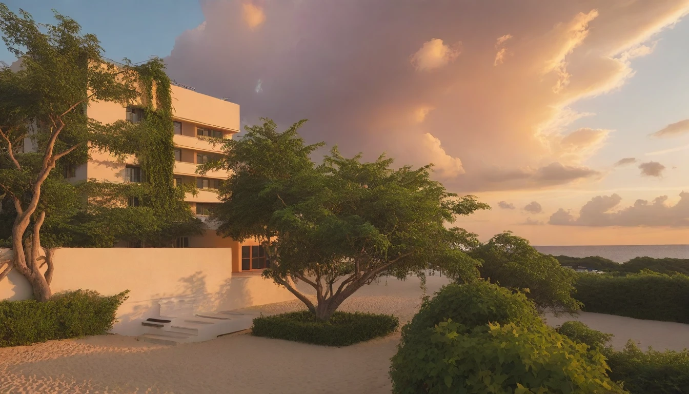 architecture, beach resort, vine, trees, cloud, sunset, vivid colours, sky, masterpiece,best quality,super detailed,realistic,photorealistic, 8k, sharp focus, a photo of a building day light, sun, cloud, RAW Photo, RAW texture, Super Realistic, 32K UHD, DSLR, soft lighting, high quality, film rating, Fujifilm XT3