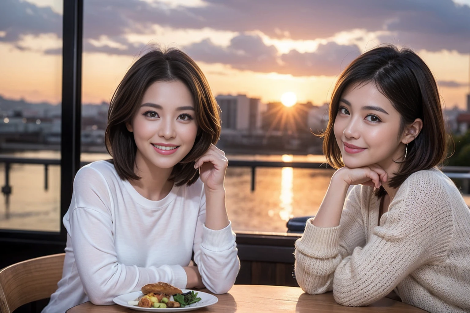 (Realistic:1.2),(masterpiece,Highest quality),8k,((men and women)),Age 35,37 years old、最高のsmile、Happy Couple, Full course dinner at the table、Wine Party、wine glass、White wine、sparkling wine、red wine、Upper Body、Tight waist,Perfect Anatomy, Brown Hair, short hair,Random Hairstyles,Amazing view of the sunset sky and clouds、Long sleeve shirt、dress,((Highly detailed face and eyes:1.2))(Cute Face:1.4),Beautiful actress face,Perfect golden ratio face,woman'suit、Nice,(smile:1.2)、