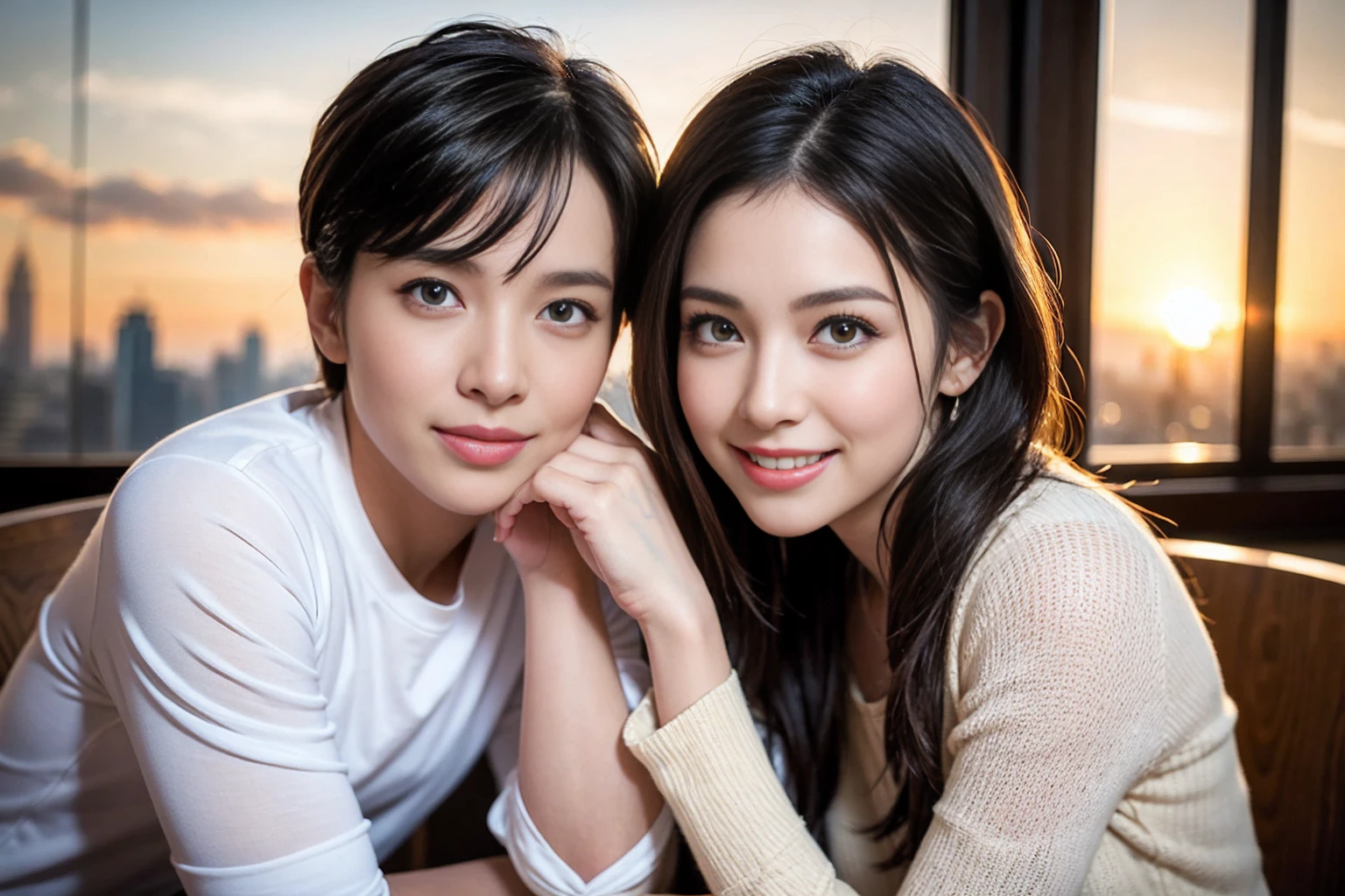 (Realistic:1.2),(masterpiece,Highest quality),8k,((men and women)),40 years old,37 years old、最高のsmile、Happy Couple, Full course dinner at the table、Wine Party、wine glass、White wine、sparkling wine、red wine、Upper Body、Tight waist,Perfect Anatomy, Brown Hair, short hair,Random Hairstyles,Amazing view of the sunset sky and clouds、Long sleeve shirt、dress,((Highly detailed face and eyes:1.2))(Cute Face:1.4),Beautiful actress face,Perfect golden ratio face,woman'suit、Nice,(smile:1.2)、