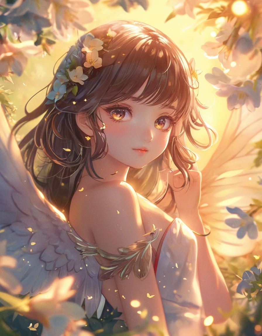 Anime girl with wings and flowers in her hair, Detailed digital anime art, anime art wallpaper 4k, anime art wallpaper 4k, Anime Style 4k, Gwaiz on pixiv artstation, Anime Art Wallpapers 8K, 8K high quality, detailed art, Gwaiz, Gwaiz on artstation pixiv