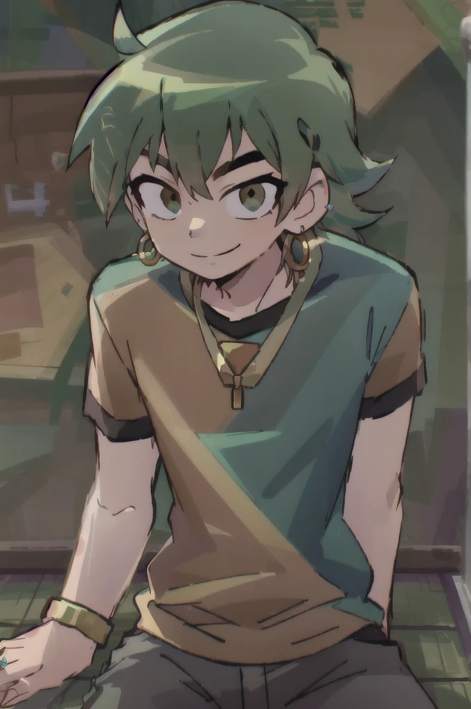 scottpilgrim style, 1boy, brown eyes, earrings, green hair, fluffy eyes, hair between eyes, jewelry, long hair, looking at viewer, male focus, necklace, pants, ring, shirt, sitting, smile, solo, 