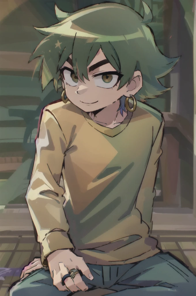 scottpilgrim style, 1boy, brown eyes, earrings, green hair, fluffy eyes, hair between eyes, jewelry, long hair, looking at viewer, male focus, necklace, pants, ring, shirt, sitting, smile, solo, 