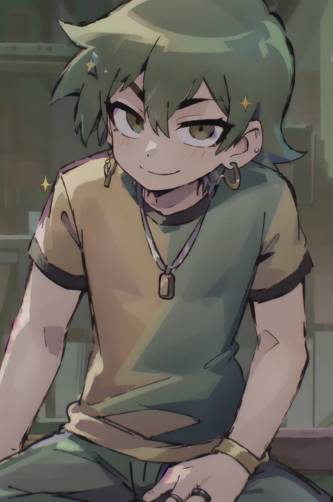 scottpilgrim style, 1boy, brown eyes, earrings, green hair, fluffy eyes, hair between eyes, jewelry, long hair, looking at viewer, male focus, necklace, pants, ring, shirt, sitting, smile, solo, 