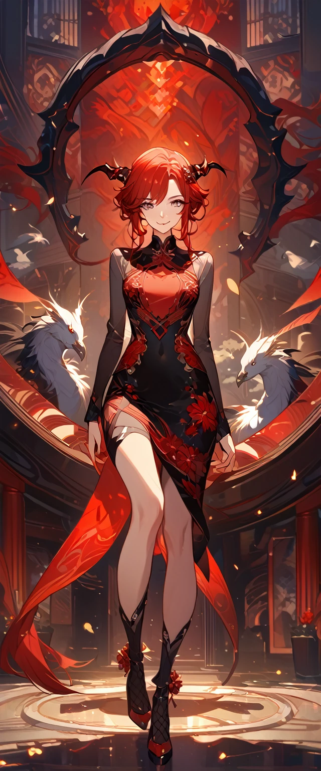 masterpiece, best quality, 8k ,4k , 1girl, age girl, dragon girl, red hair, gray eyes, big chest, slender waist, small waist, small thigh, horn, hair ornament, finely detailed eyes and detailed face, looking at viewer, Black sleeveless top, transparent embroidery skirt, skirt to the knee, majestic looks, smiling gently, Lace dress, patterned clothes, red scale scattered pattern clothes, meticulous clothes, revealing clothes, mature clothes, majestic looks, smiling gently, small bird, full body, artist : ask, art style : ask