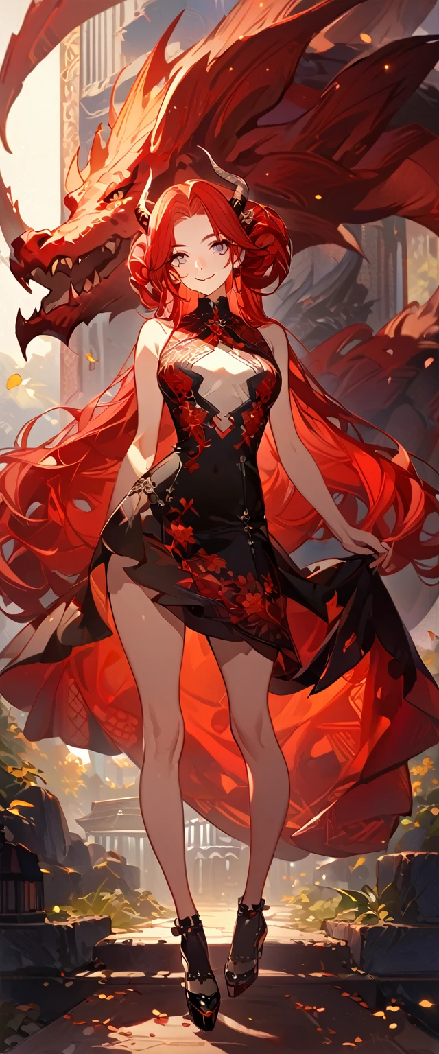 masterpiece, best quality, 8k ,4k , 1girl, age girl, dragon girl, red hair, gray eyes, big chest, slender waist, small waist, small thigh, horn, hair ornament, finely detailed eyes and detailed face, looking at viewer, Black sleeveless top, transparent embroidery skirt, skirt to the knee, majestic looks, smiling gently, Lace dress, patterned clothes, red scale scatd pattern clothes, meticulous clothes, revealing clothes, mature c, majestic looks, smiling gently, small bird, full body, artist : ask, art style : ask